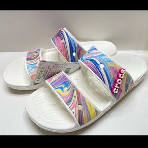 EUC crocs out of this world slide sandals colorful and white